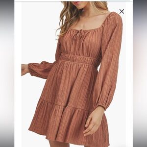 Lush Long Sleeve Gathered Waist Tie Front Dress